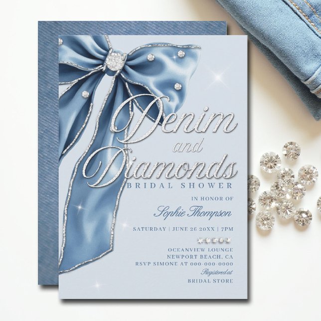 Convites Chá de panela Chic de Script de Arco Azul Denim Di (denim and diamonds bridal shower ideas elegant bow classy bling script blue white template)