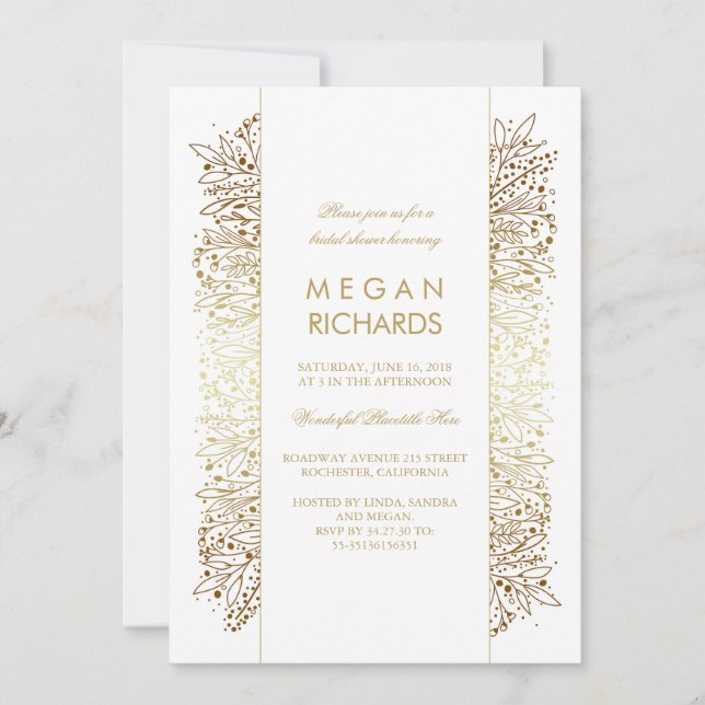 Convites Chá de panela Chic Floral Branco e Dourado (Frente)