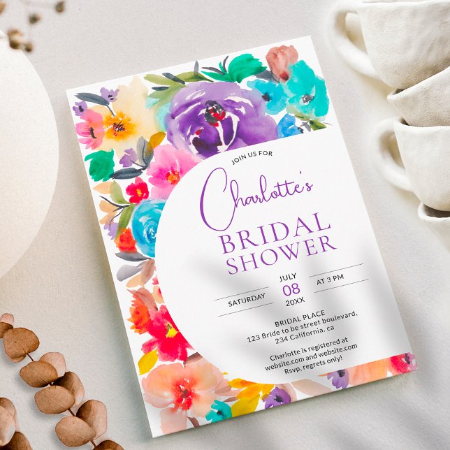 Convites Chá de panela chic floral moderno e brilhante (Bright bold modern floral arch chic bridal shower invitation)