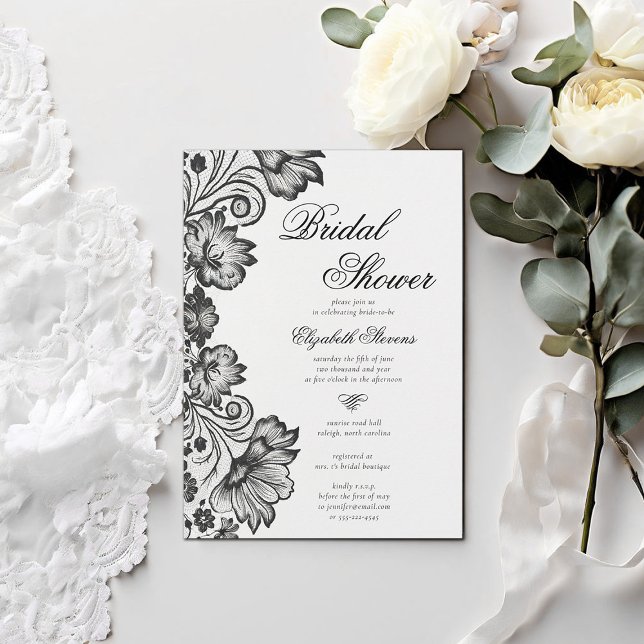 Convites Chá de panela Chic Formal de rendas brancas pretas (formal traditional bridal shower invitation black lace elegant modern classic calligraphy)