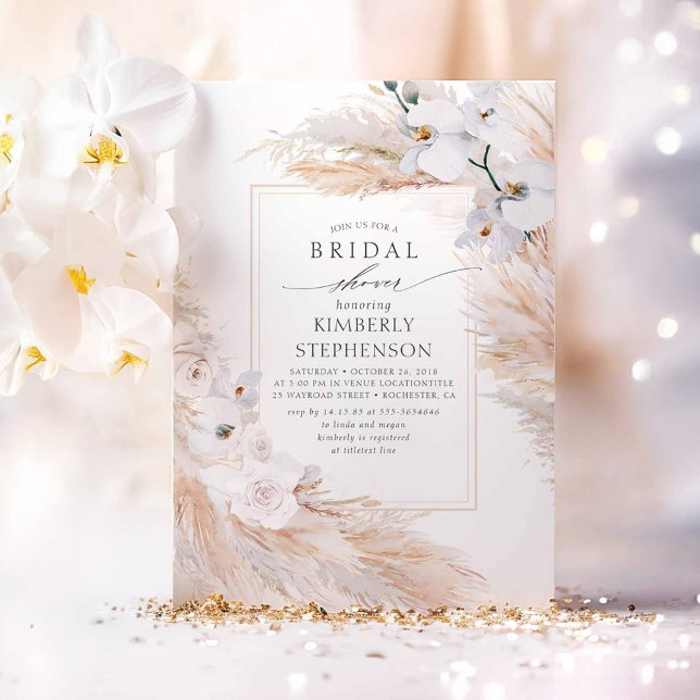 Convites Chá de panela Chic Pampas Grass e White Orchids (Boho Pampas Grass Bridal Shower Invitation)