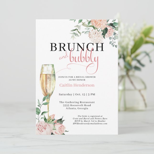 Convites Chá de panela Chic Pink Floral Brunch e Bubble (Em pé/Frente)
