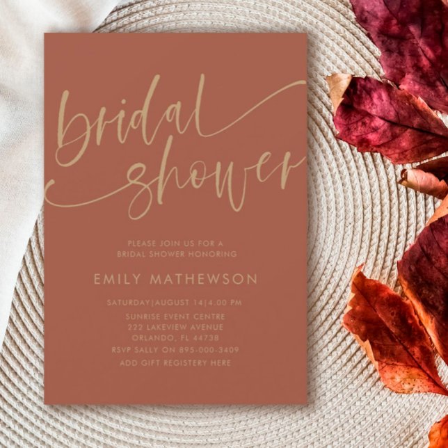 Convites Chá de panela Chic Terracotta e Caligrafia Dourada (Criador carregado)