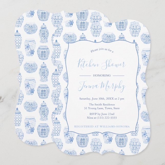 Convites Chá de panela Clássico Azul E Cozinha Branca (Frente/Verso)