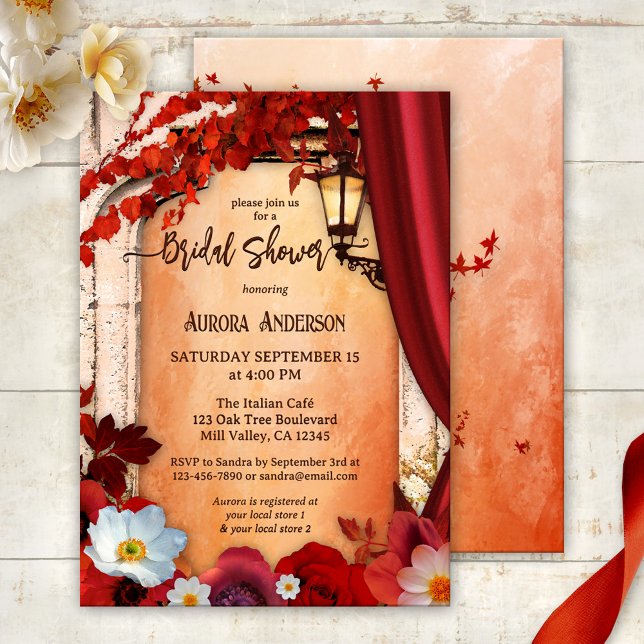 Convites Chá de panela Clássico de Boho Italiano (Italian bridal shower invitation featuring festive red flowers on a Roman arch with lantern)