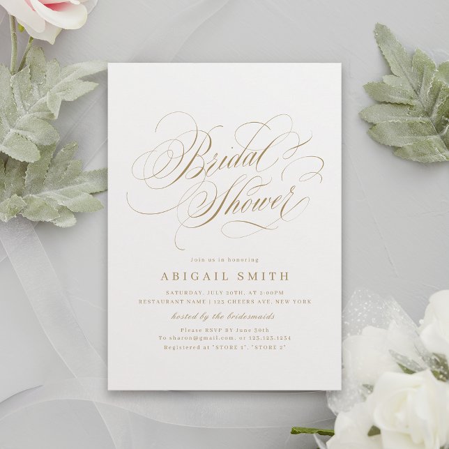 Convites Chá de panela clássico elegante de caligrafia (Gold Elegant classic calligraphy vintage Bridal Shower Invitation)