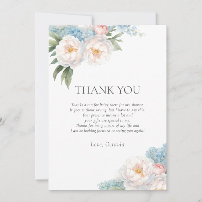 Convites Chá de panela clássico Flores Azuis e Rosa Suaves (Frente)