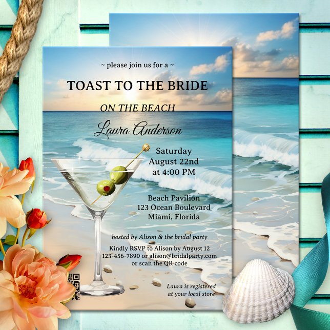 Convites Chá de panela Cocktail de praia (Bridal shower invitation featuring a watercolor beach at sunset with cocktail drink and QR code )