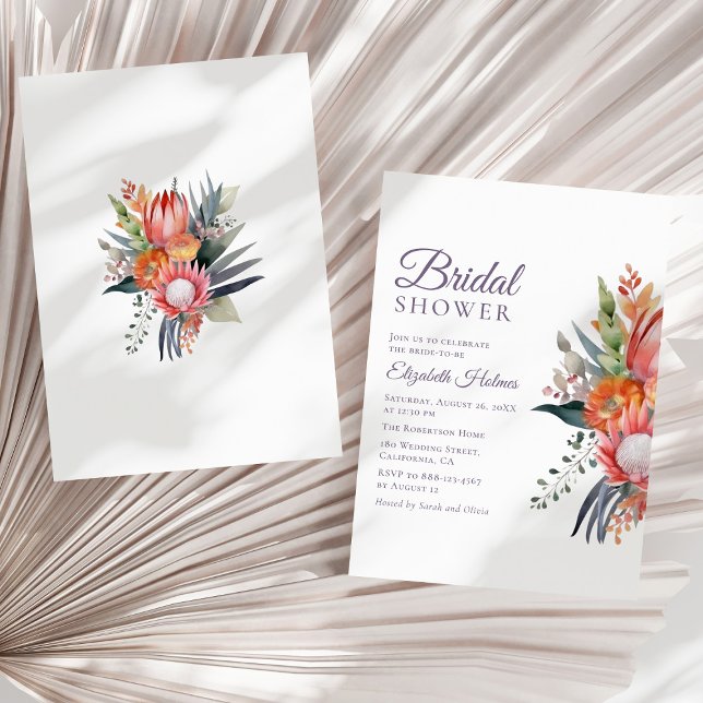 Convites Chá de panela Colorida de Flores Tropicais (Colorful Tropical Flowers Bridal Shower Invitation on a neutral dry palm leaf.)