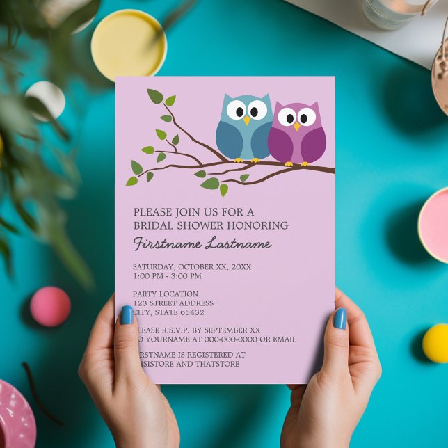 Convites Chá de panela com Casal de Coruja na Ramificação (Bridal Shower Invitation - Cute Cartoon Owls on a Branch - Great Couple's Shower Invite)