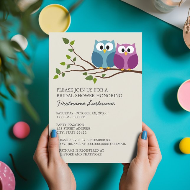Convites Chá de panela com Casal de Coruja na Ramificação (Bridal Shower Invitation - Cute Cartoon Owls on a Branch - Great Couple's Shower Invite)