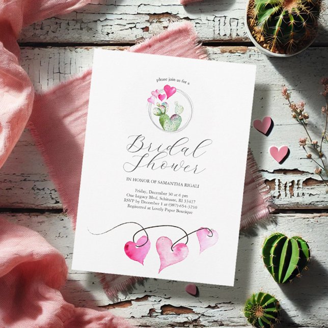 Convites Chá de panela com namorados (Winter bridal shower invitations watercolor hearts and cactus art Victoria Grigaliunas DoTellABelle)