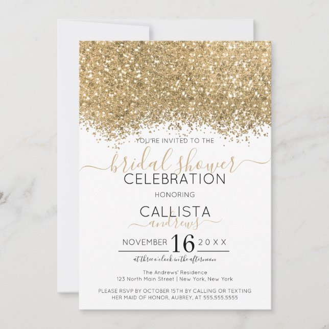 Convites Chá de panela Confetti Dourado Lúpulo Branco (Frente)