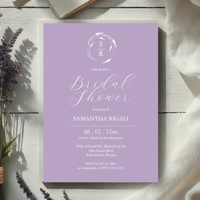 Convites Chá de panela Convida Monograma Roxo (Bridal shower invitations lavender line art by Victoria Grigaliunas of Do Tell A Belle)