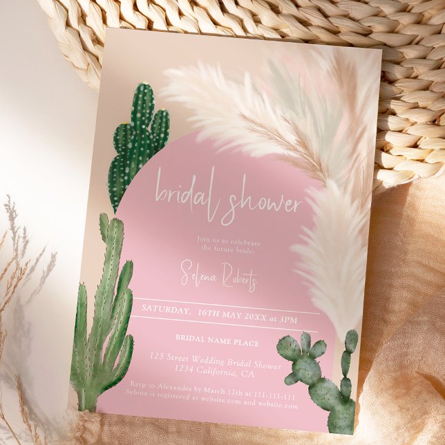 Convites Chá de panela cor-de-rosa boho cactus pampas (Boho cactus pampas arch pink bridal shower invitation)