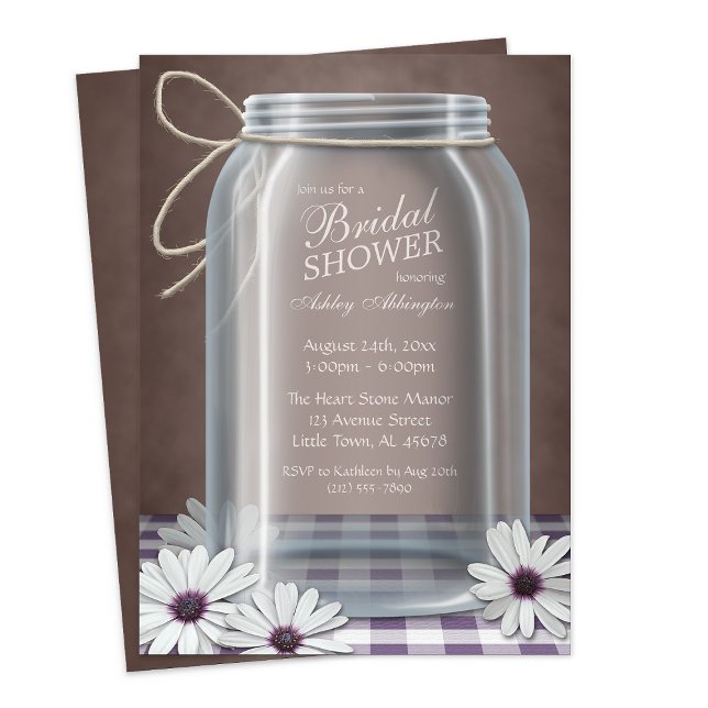 Convites Chá de panela Country Mason Jar Purple Gingham (Country Mason Jar Purple Gingham Bridal Shower Invitation from Starzraven. Downloadable evite, too.)