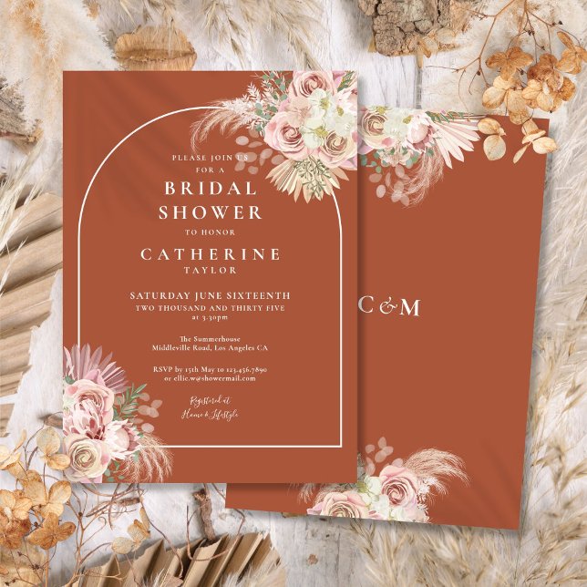 Convites Chá de panela da Arca Grass Boho Terracotta Pampas (Boho Terracotta Pampas Grass Arch Bridal Shower Invitation)
