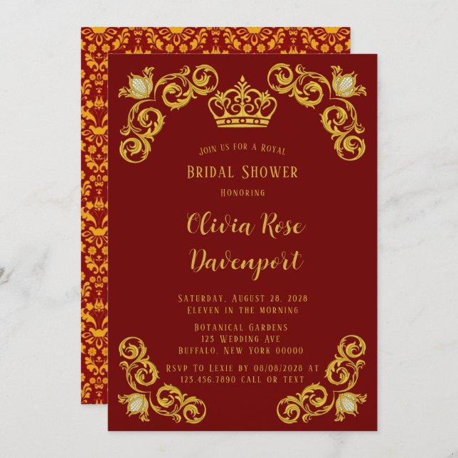 Convites Chá de panela da Coroa Real Vermelha e Dourada (Frente/Verso)