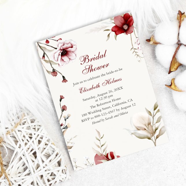 Convites Chá de panela da Elegância do Inverno Burgundy (Burgundy Winter Elegance Bridal Shower Invitation on cozy white background with cotton flowers)