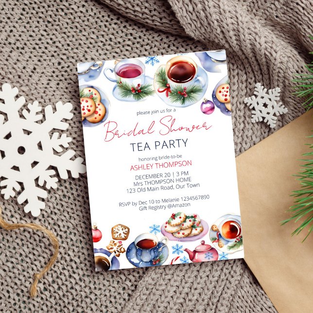Convites Chá de panela da festa de chá de Natal (Christmas tea party bridal shower editable template invitation digital download watercolor tea cups)