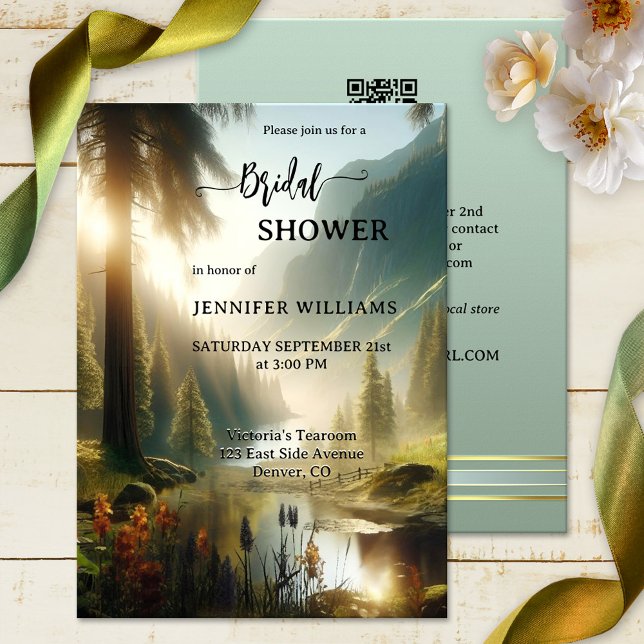 Convites Chá de panela da Floresta Encantada (Original bridal shower invitation featuring a painting of a mountain scene with enchanted forest)