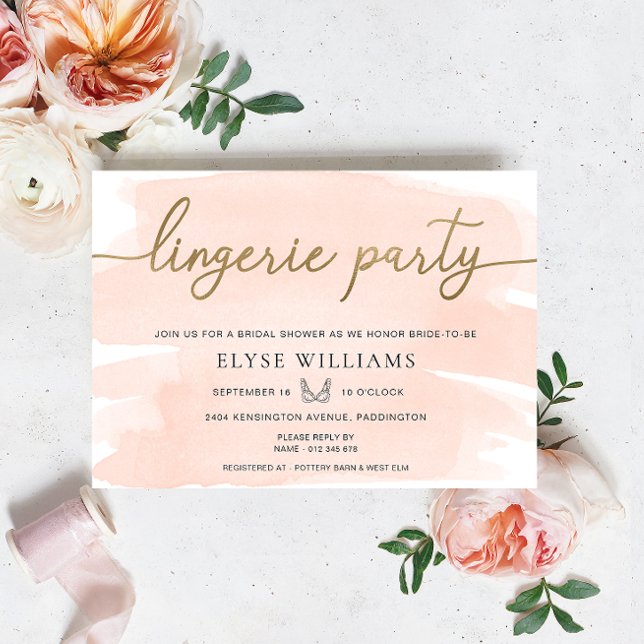 Convites Chá de panela da Parte de Lingerie Dourada da Peac (Lingerie Party Bridal Shower Invitation peach blush Watercolour Gold )