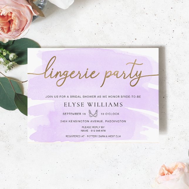 Convites Chá de panela da Parte de Lingerie Dourada Lilcolo (Lingerie Party Bridal Shower Invitation Purple lilac Watercolour Gold )