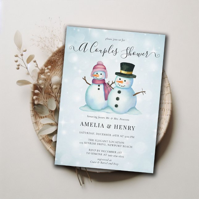 Convites Chá de panela da Sra. Snowman Funny Casal Winter (couples shower winter bridal mr mrs snowman funny cute invitation watercolor blue pink casual coed )