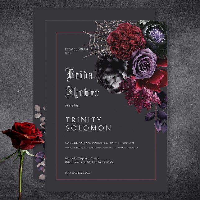 Convites Chá de panela da Web Floral e Silver Preto Escuro (Dark Black Floral & Silver Web Bridal Shower Invitation)
