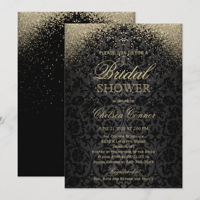 Convites Chá de panela - Damasco preto e brilhante Dourado (Frente/Verso)