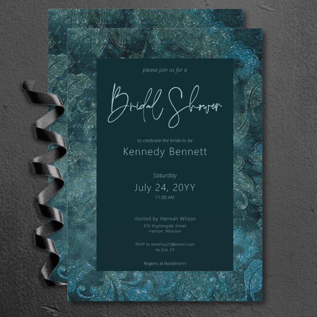 Convites Chá de panela Dark Victorian Teal Damask (Dark Victorian Teal Damask Bridal Shower Invitation)