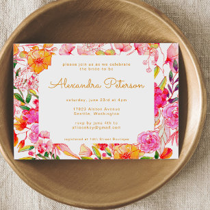 Convites Chá de panela das Flores de Aquarelas Rosa e Laran