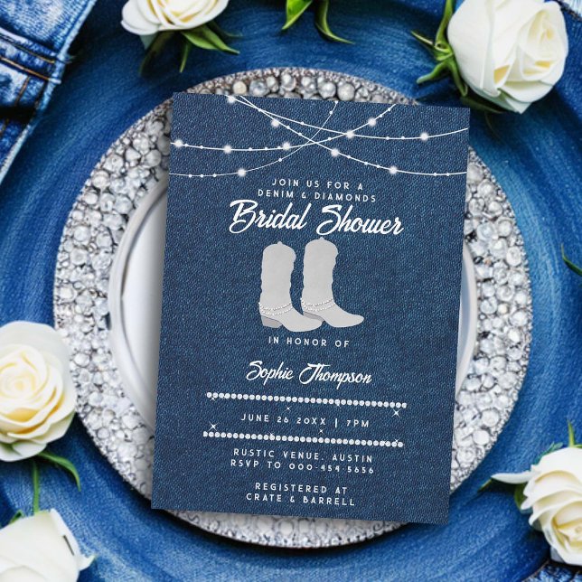 Convites Chá de panela das Luzes Brancas de Denim Diamantes (denim and diamonds bridal shower invitation classy bling cowgirl boots string lights rustic chic)