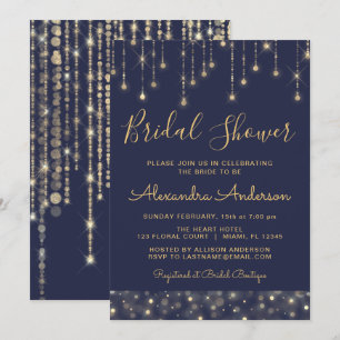 Convites Chá de panela das luzes de sequência Dourada azu