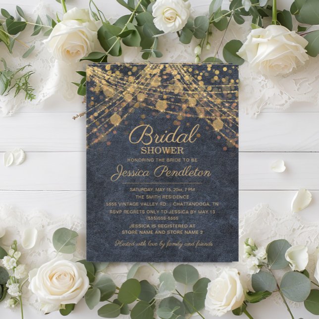 Convites Chá de panela das Luzes Douradas de Cordas Russas  (Rustic glam navy blue and gold string lights wedding Bridal Shower invitation)