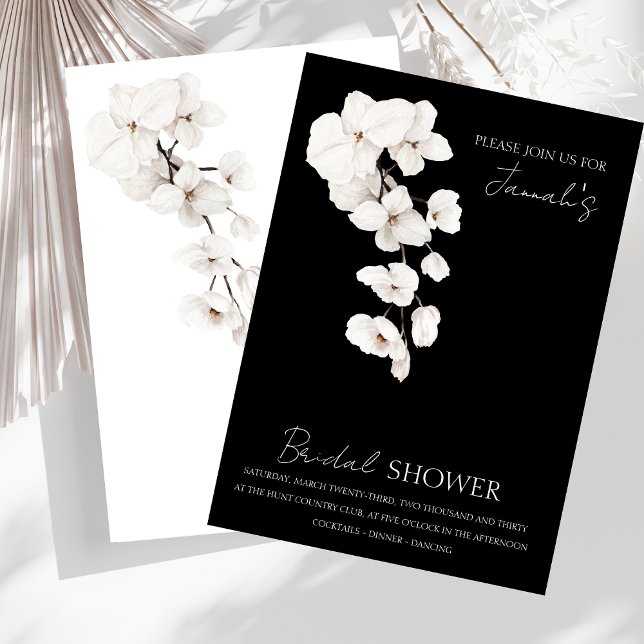 Convites Chá de panela das Orquídeas Negras e Brancas Moder (Modern Black and White Orchids Flowers Bridal Shower Wedding Invitation)