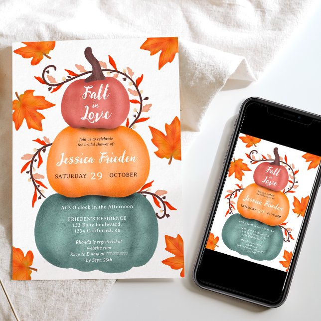 Convites Chá de panela de abóboras azuis laranja queda (Cute fall orange blue pumpkins bridal shower invitation)