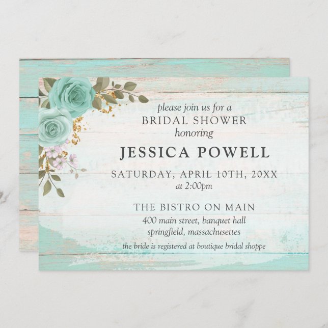 Convites Chá de panela De Algodão Floral Russo Turquesa De  (Frente/Verso)