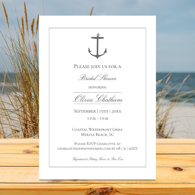 Convites Chá de panela de Âncora Náutica Simples | Branco (White Simple Nautical Anchor Bridal Shower Invitation)