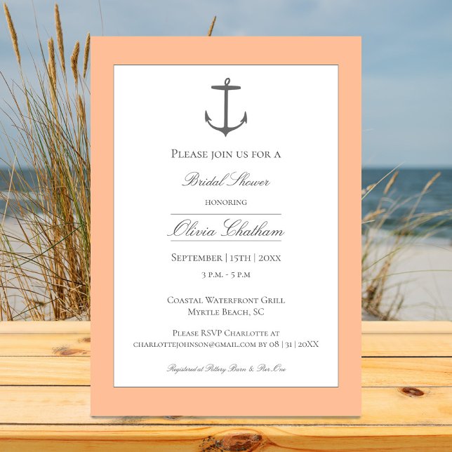 Convites Chá de panela de Âncora Náutica Simples | Pêssego (Peach Fuzz Simple Nautical Anchor Bridal Shower Invitation)