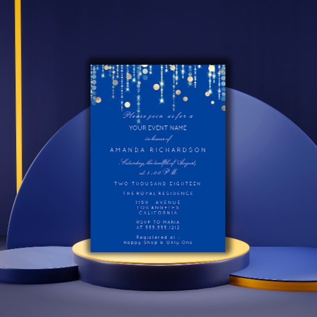 Convites Chá de panela de aniversário de bebedouros Dourado (Royal Blue Gold Drips Birthday Bridal Shower Invitation)