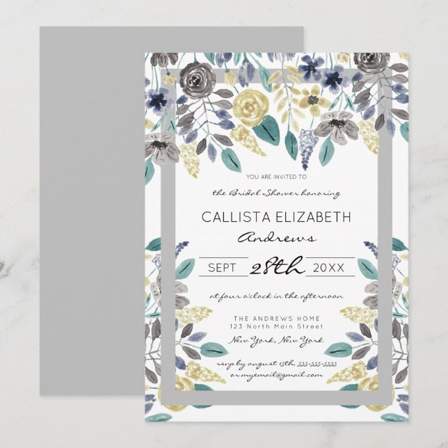 Convites Chá de panela de Aquarela Amarelo da Cinza Moderna (Frente/Verso)