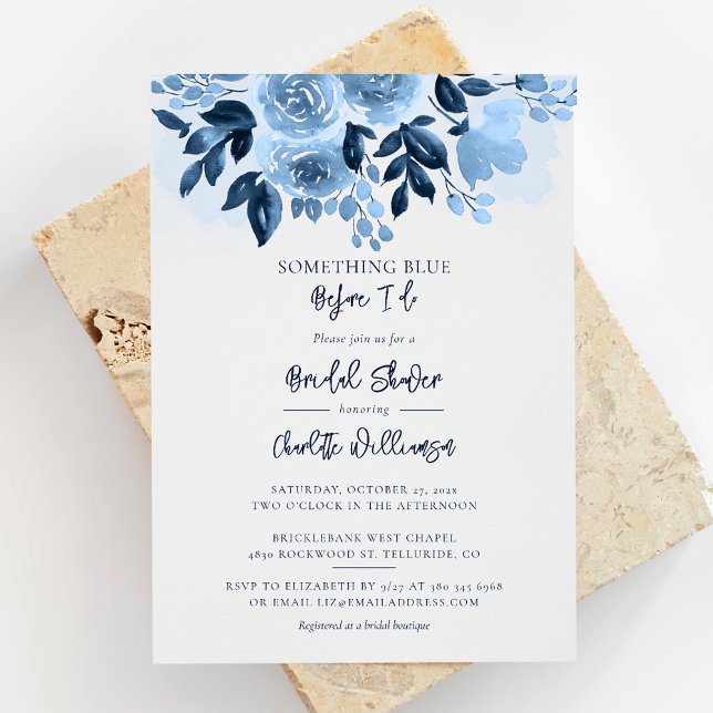 Convites Chá de panela de Aquarela Azul Dusty (Dusty Blue Floral Something Blue Before I Do Bridal Shower Invitation)