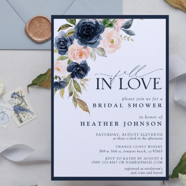 Convites Chá de panela de Aquarela Azul Floral (Fall in Love with this pretty navy blue floral bridal shower invite that is easy to personalize)