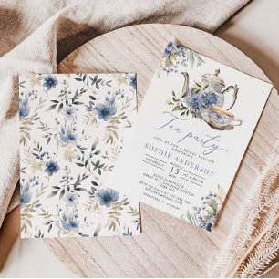 Convites Chá de panela de Aquarela Azul Floral do Tea Party