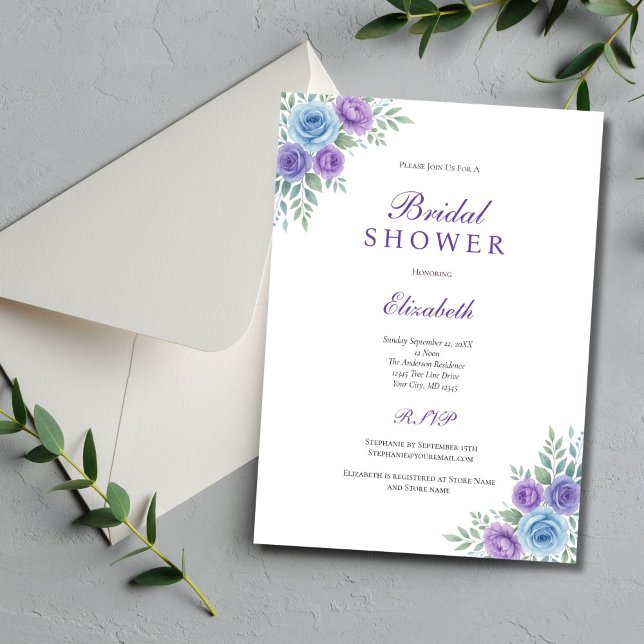 Convites Chá de panela de Aquarela Azul Roxo (Purple blue watercolor floral bridal shower invitation. Couples Wedding Shower)