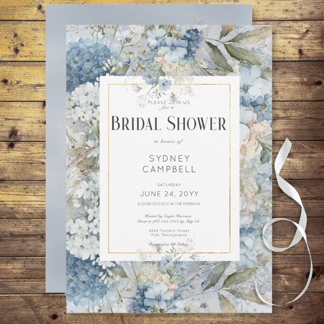 Convites Chá de panela de Aquarela Azul Russo (Rustic Blue Floral Watercolor Bridal Shower Invitation)