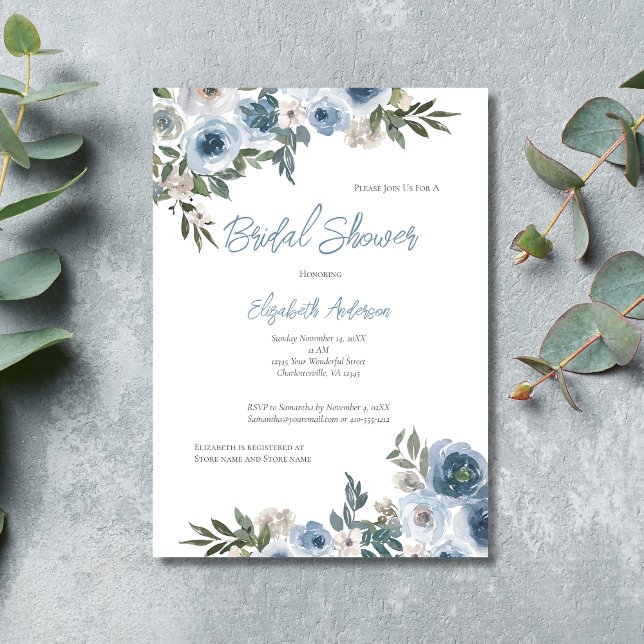 Convites Chá de panela de Aquarela Branco Dusty (Blue White Floral Watercolor Bridal Shower Invitation- Elegant and Formal)
