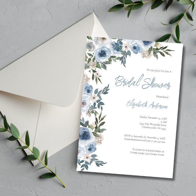 Convites Chá de panela de Aquarela Branco Dusty (Dusty Blue Floral Greenery Watercolor Elegant Bridal Shower invitation)