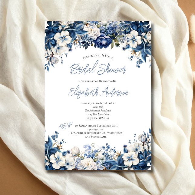 Convites Chá de panela de Aquarela Branco Dusty (Dusty Blue White Floral Bridal Shower Invitation. Elegant Watercolor. Printed or Digital Download)